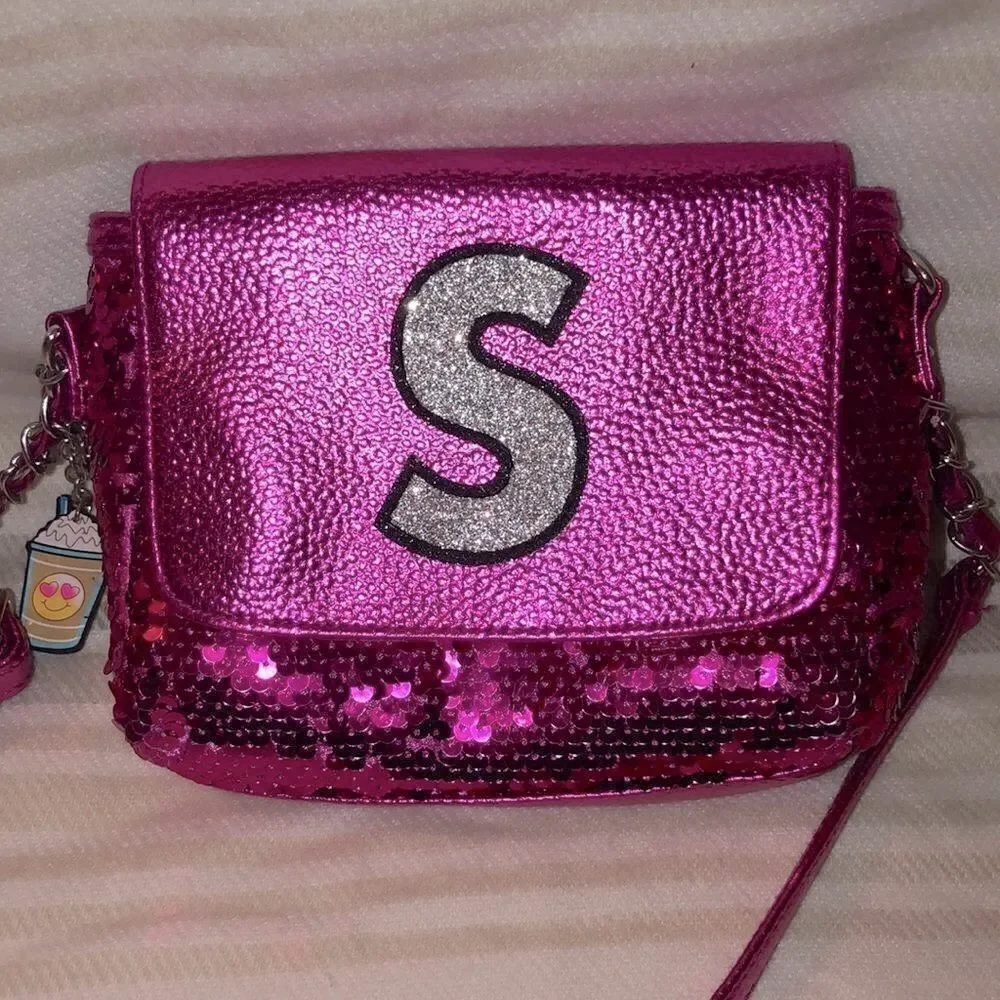 Justice “S” Monogram Fuchsia Pink Sequin Purse Bag with Emoji Charms